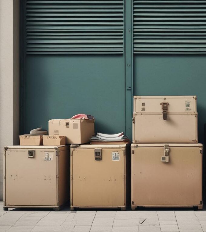 Stacked beige boxes against a teal door.